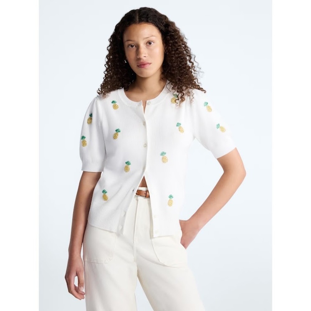 Free Assembly Women White Beaded Pineapple Short Sleeve Cardigan Sweater XS NWT